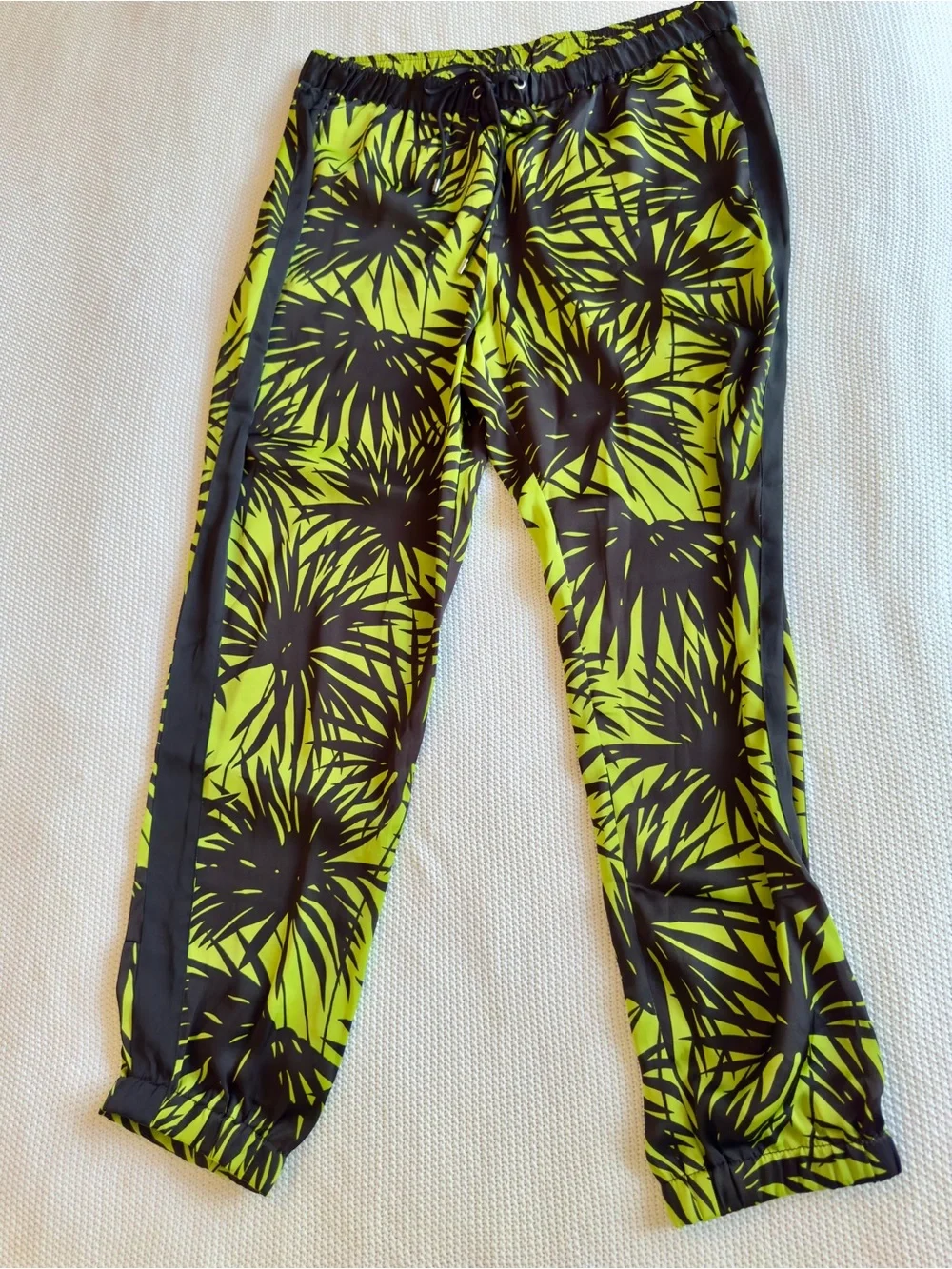 MICHAEL KORS Satin Neon Lime Green & Black Palm Leaf Print Track Pants